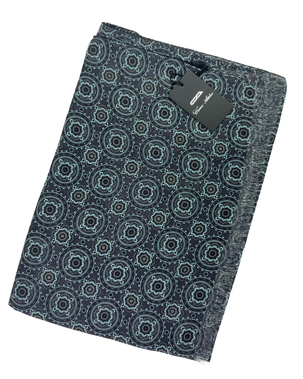 Attolini Scarf Black Gray Sky Blue Medallion - Cashmere Cotton