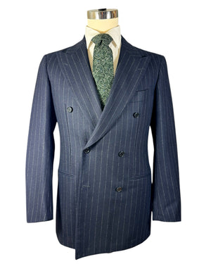 Cesare Attolini Suit Midnight Blue Gray Stripes Peak Lapel 