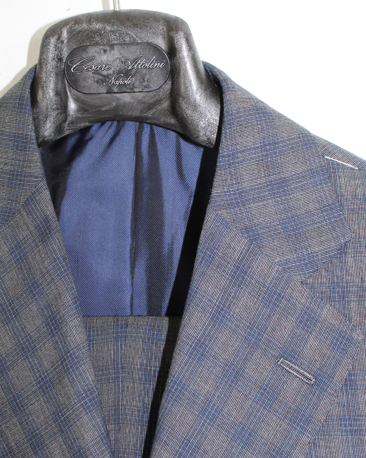 Cesare Attolini Wool Suit Gray Midnight Blue Check EU 48/ US 38