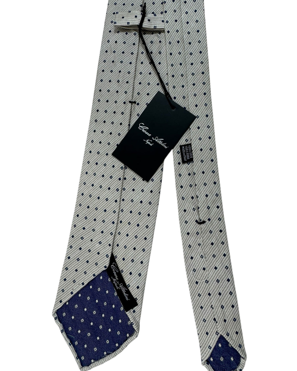 Cesare Attolini Unlined Silk Tie Gray Navy Geometric Squares