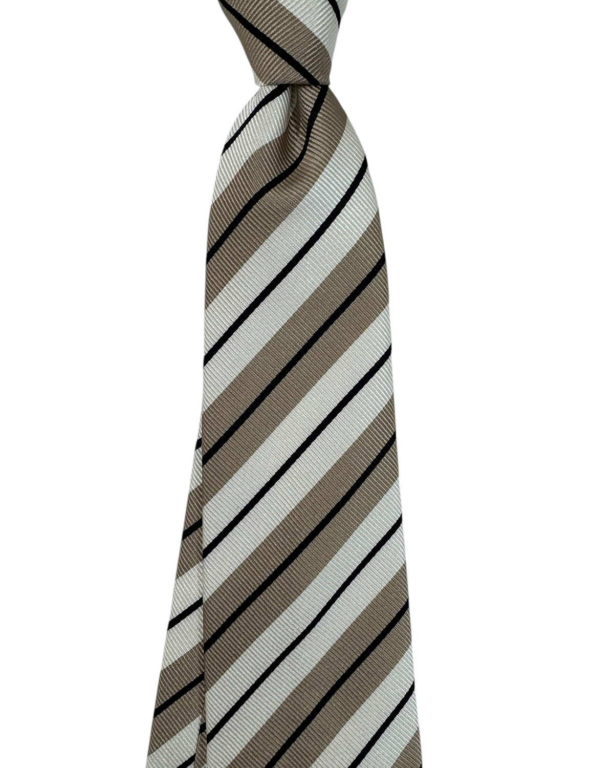 Cesare Attolini Unlined Silk Tie Taupe White Stripes