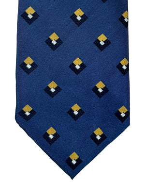 Barba Sevenfold Tie Midnight Blue Yellow Geometric Design - Sartorial Neckwear