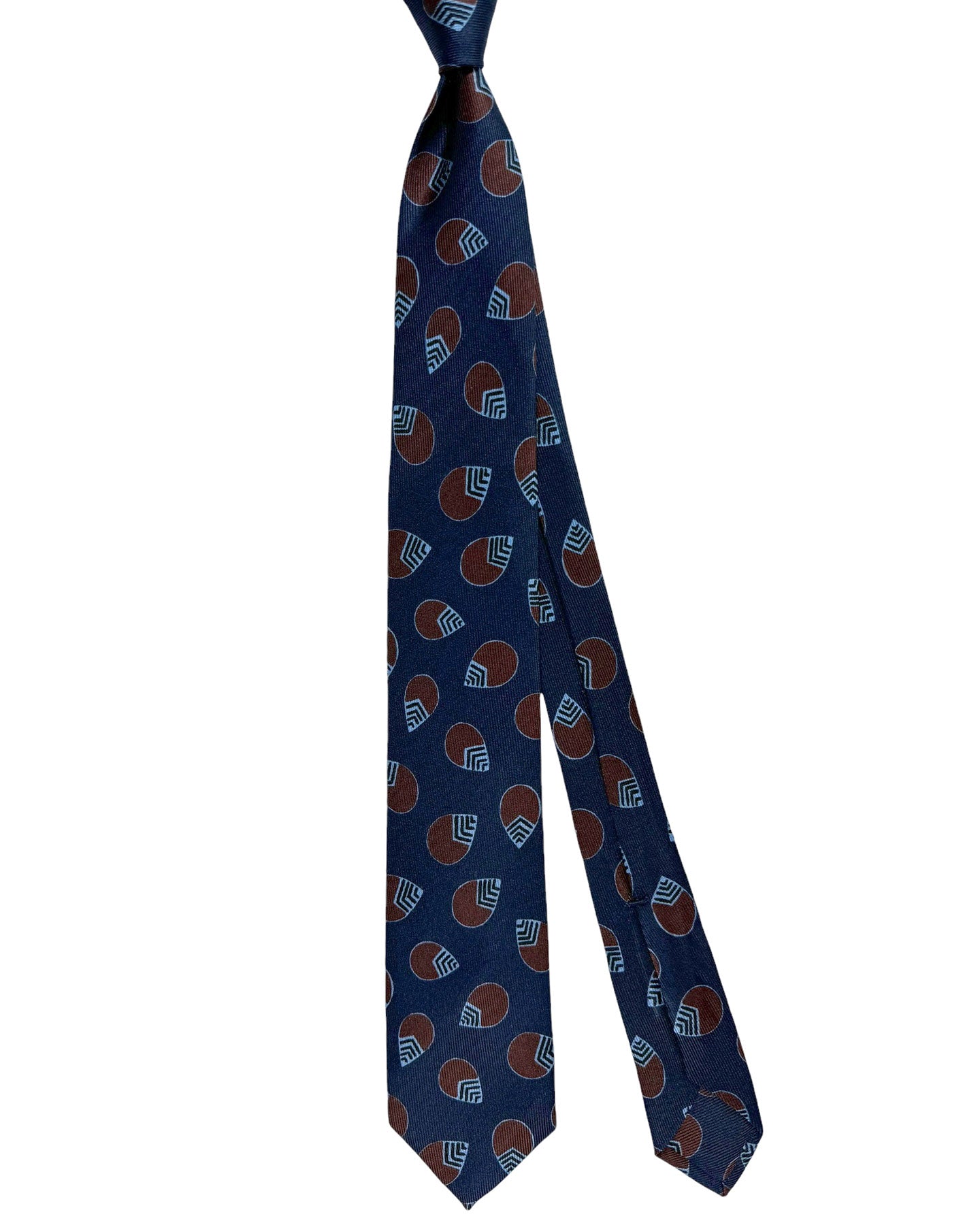 Barba Sevenfold Tie Dark Navy Brown Geometric Design - Sartorial Neckwear