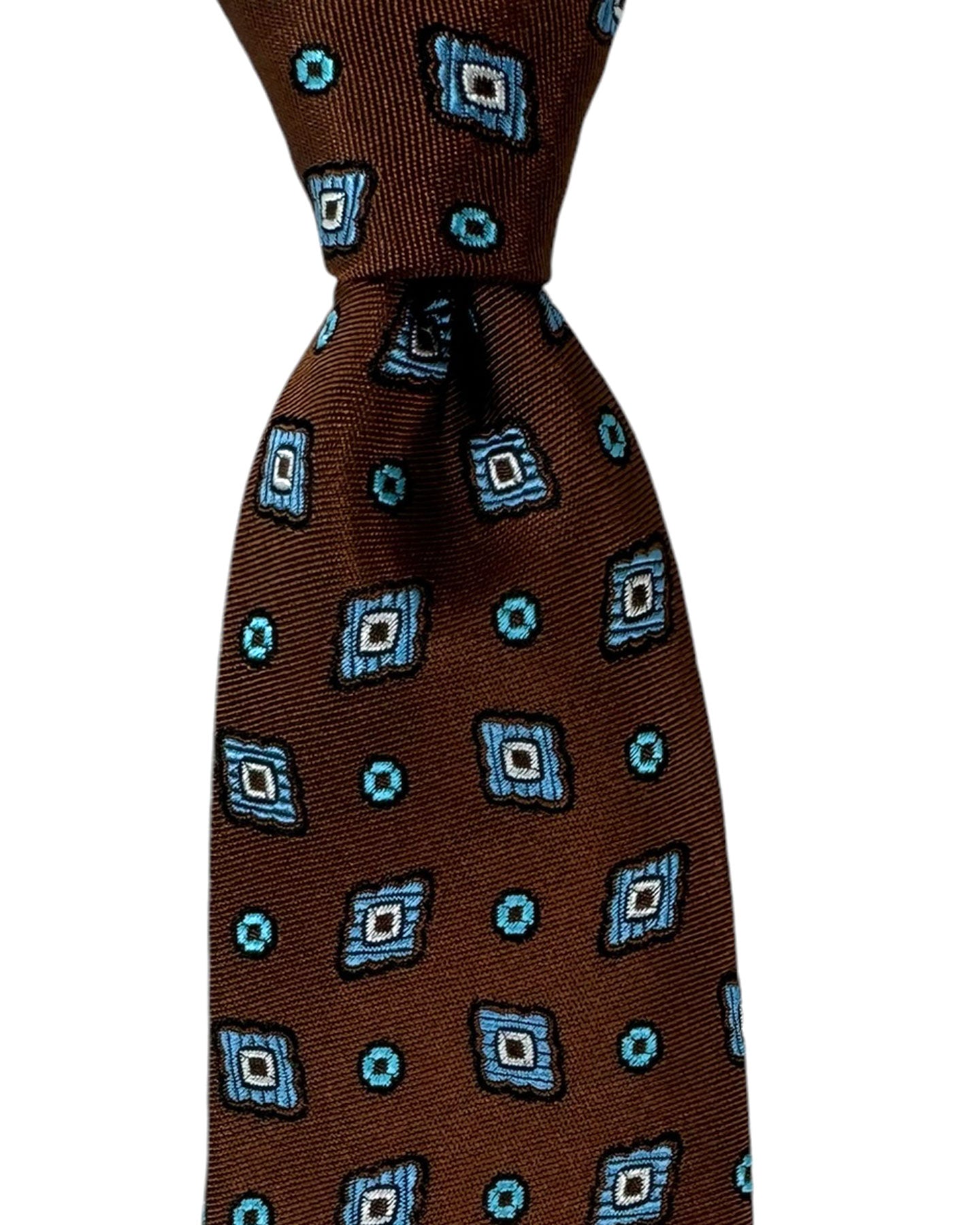 Barba Sevenfold Tie Brown Aqua Geometric Design - Sartorial Neckwear