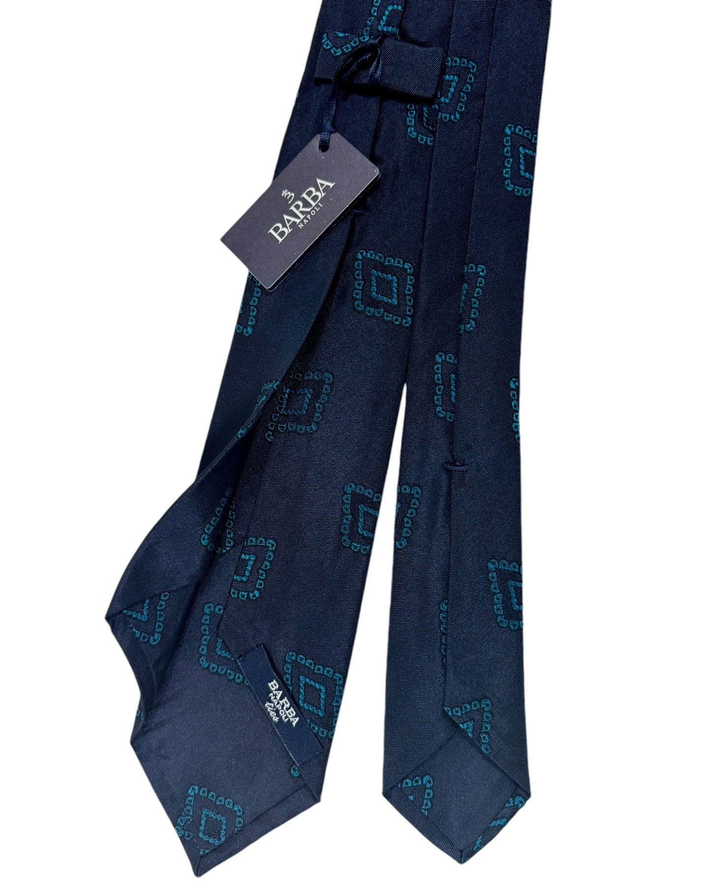 Barba Sevenfold Tie Dark Blue Turquoise Geometric Design - Sartorial Neckwear