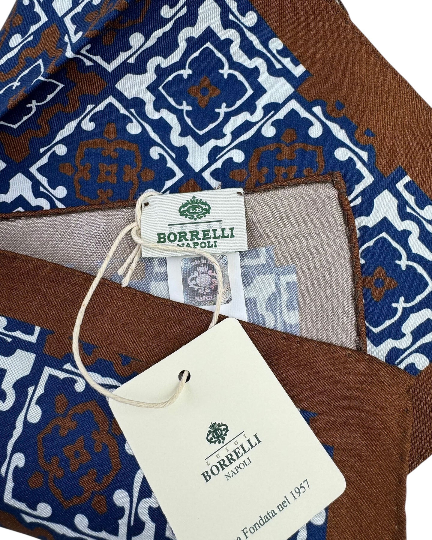 Luigi Borrelli Pocket Square Navy Brown White