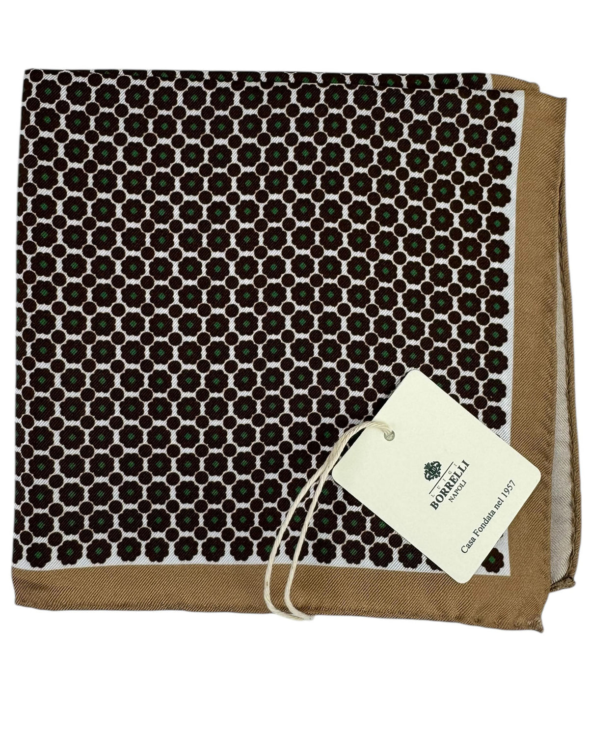 Luigi Borrelli Wool Pocket Square Brown Green Honeycomb Lattice with Tan Border