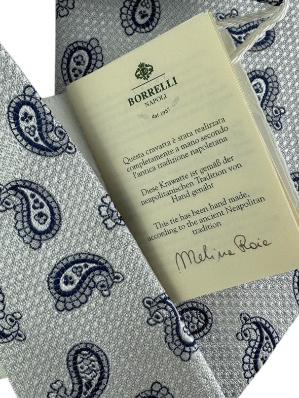 Luigi Borrelli Tie Silver With Navy Paisley Motif