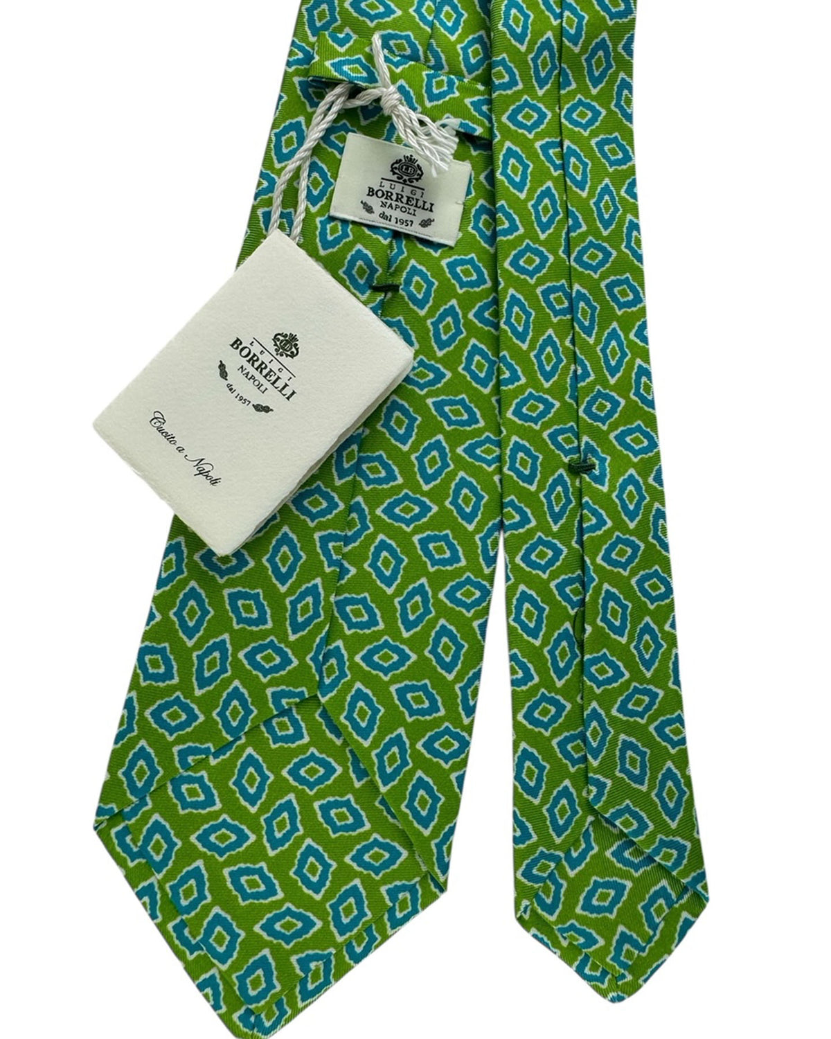 Luigi Borrelli Tie Green With Blue And White Abstract Diamond Pattern
