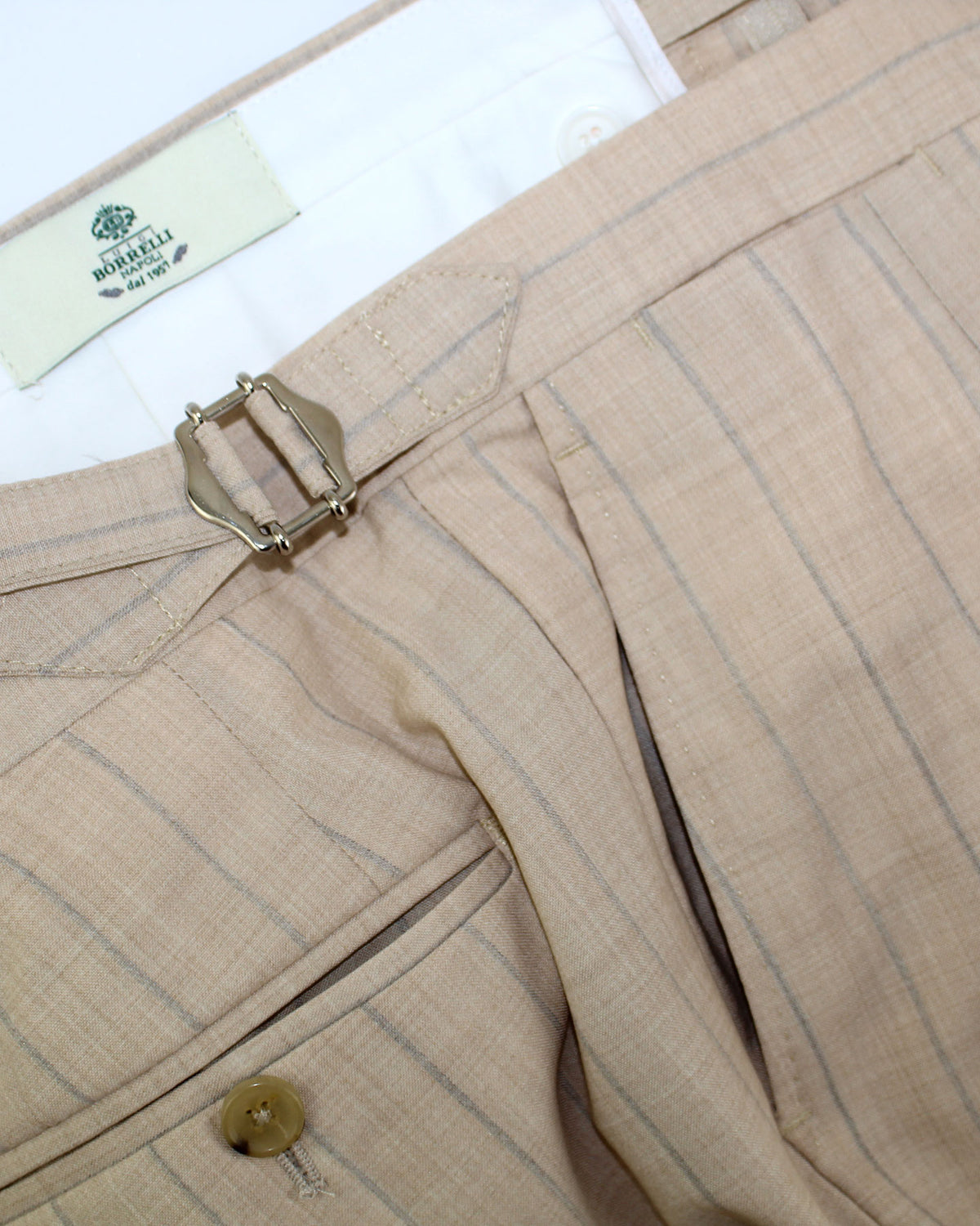 Luigi Borrelli Suit Beige Stripes Wool Silk EU 52 / US 42 L
