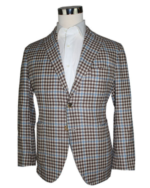 Luigi Borrelli Sport Coat White Blue Brown Houndstooth EU 50/ US 40 Unlined