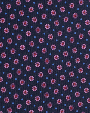 Luigi Borrelli Silk Pocket Square Dark Blue Pink Mini Flowers