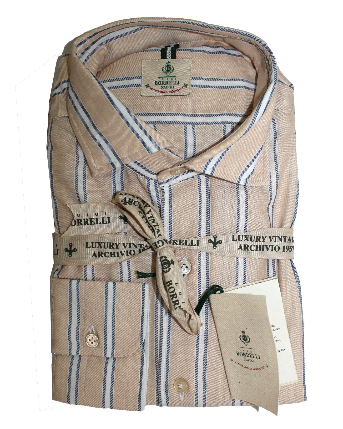 Luigi Borrelli Sport Shirt Cream White Navy Stripes 39 - 15 1/2