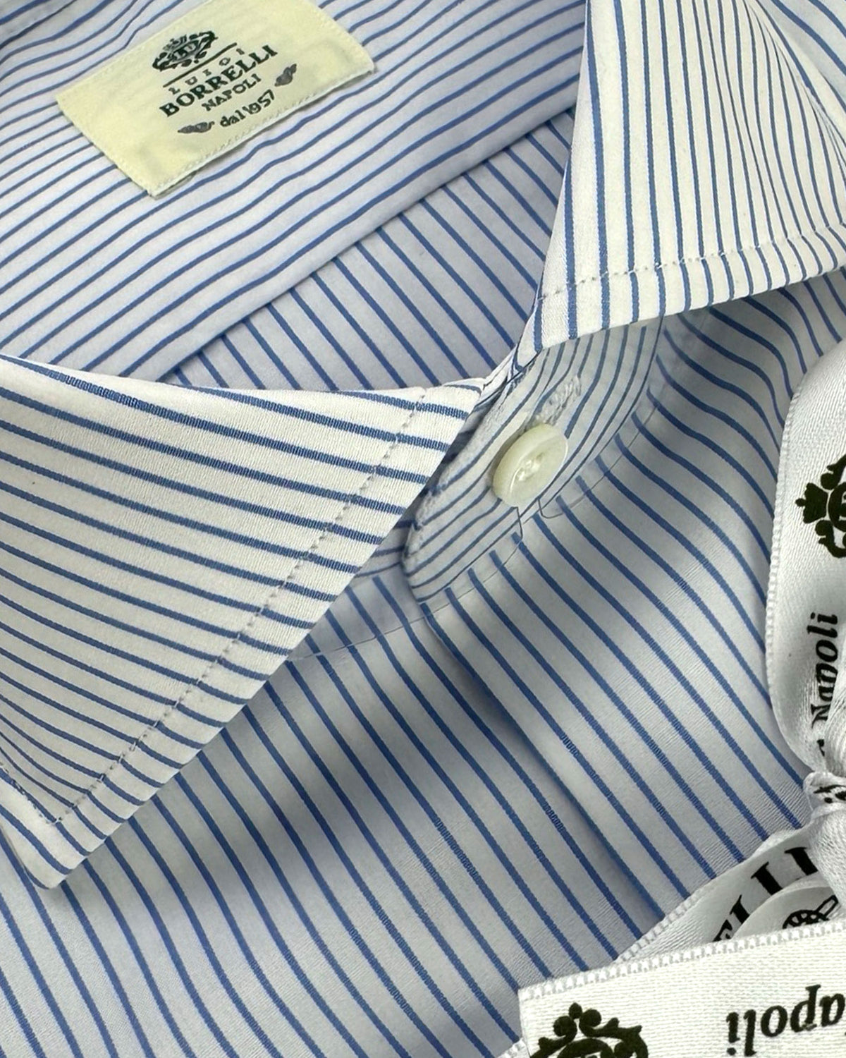 Luigi Borrelli Dress Shirt White Navy Stripes 44 - 17 1/2