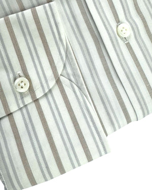 Luigi Borrelli Dress Shirt White Taupe Gray Stripes 39 -15 1/2 Cutaway Collar SALE