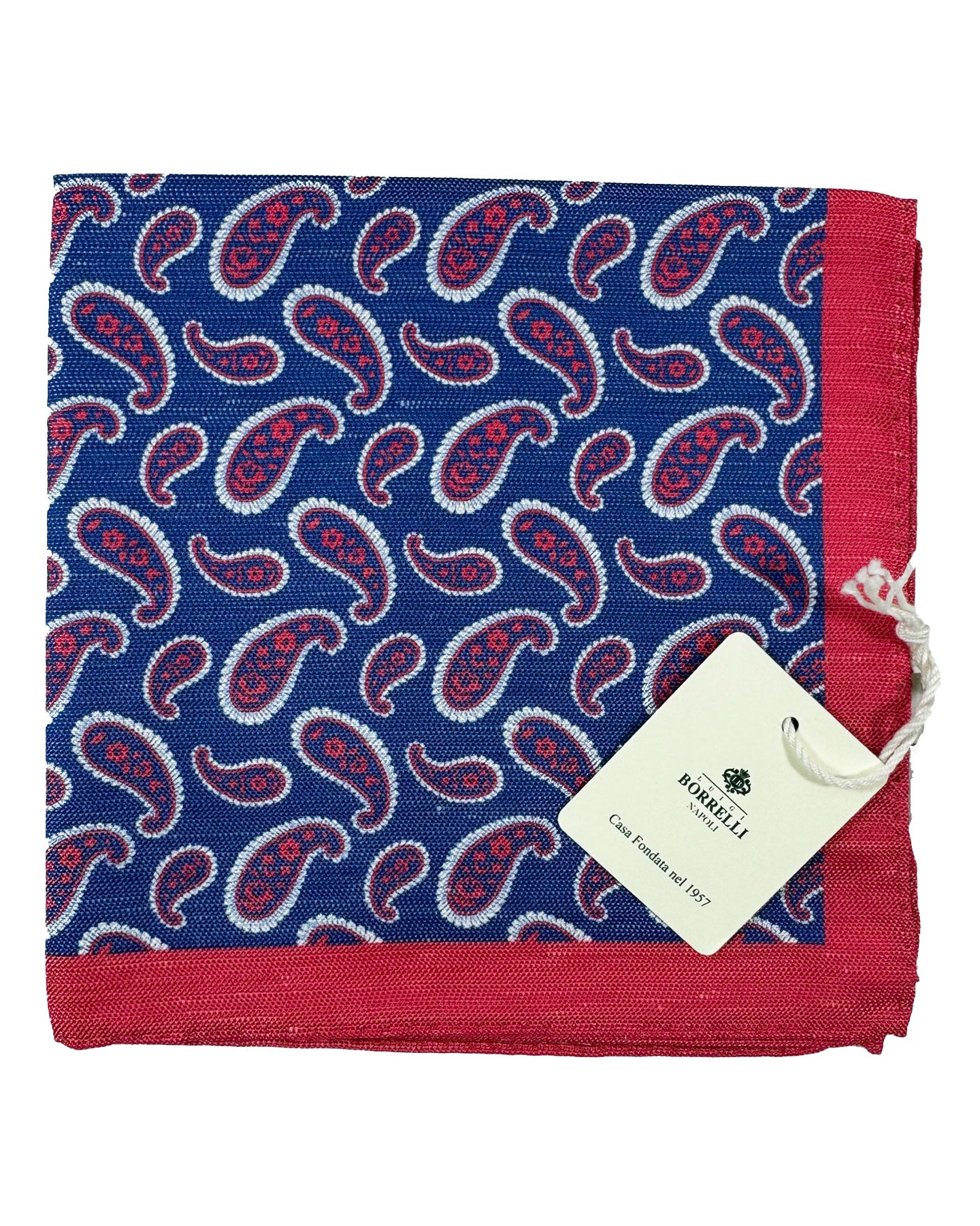 Luigi Borrelli Linen Pocket Square Navy Red Paisley