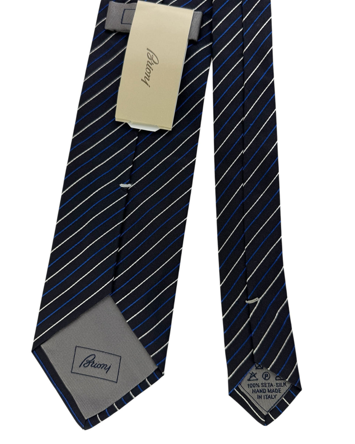 Brioni Silk Tie Black With Blue And White Stripe