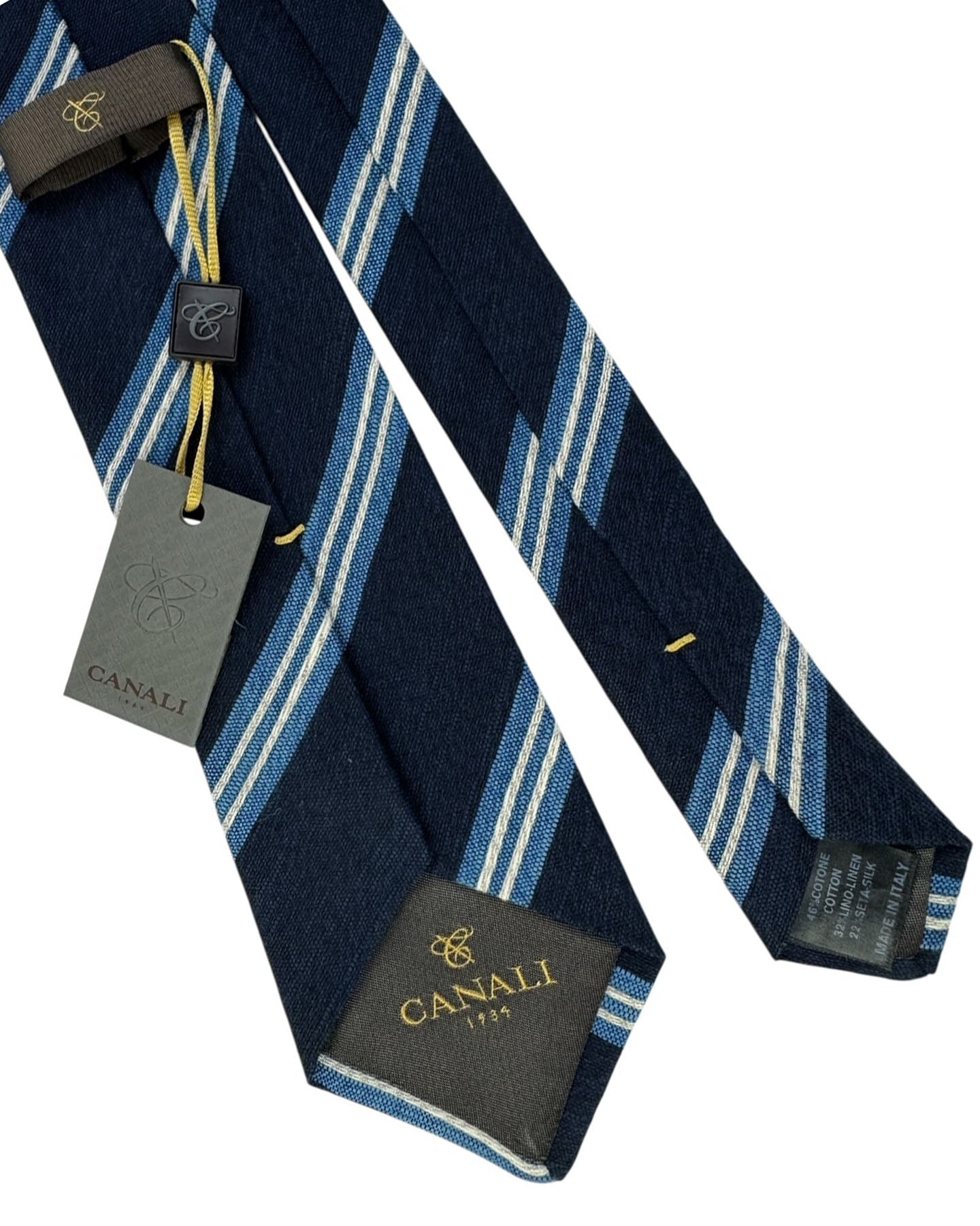 Canali Silk Tie Navy Blue Stripes - Cotton Linen Silk