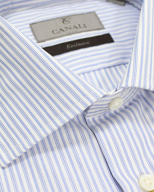 Canali Dress Shirt White Navy Stripes Exclusive Collection 39 - 15 1/2 Modern Fit