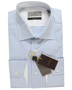 Canali Dress Shirt White Aqua Blue Check
