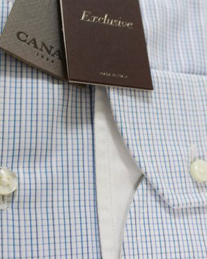 Canali Dress Shirt White Aqua Blue Check - Exclusive Collection 41 - 16