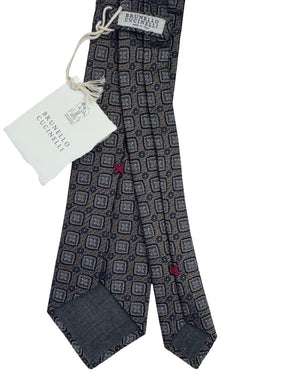 Brunello Cucinelli Silk Tie Charcoal And Navy Geometric Square Pattern