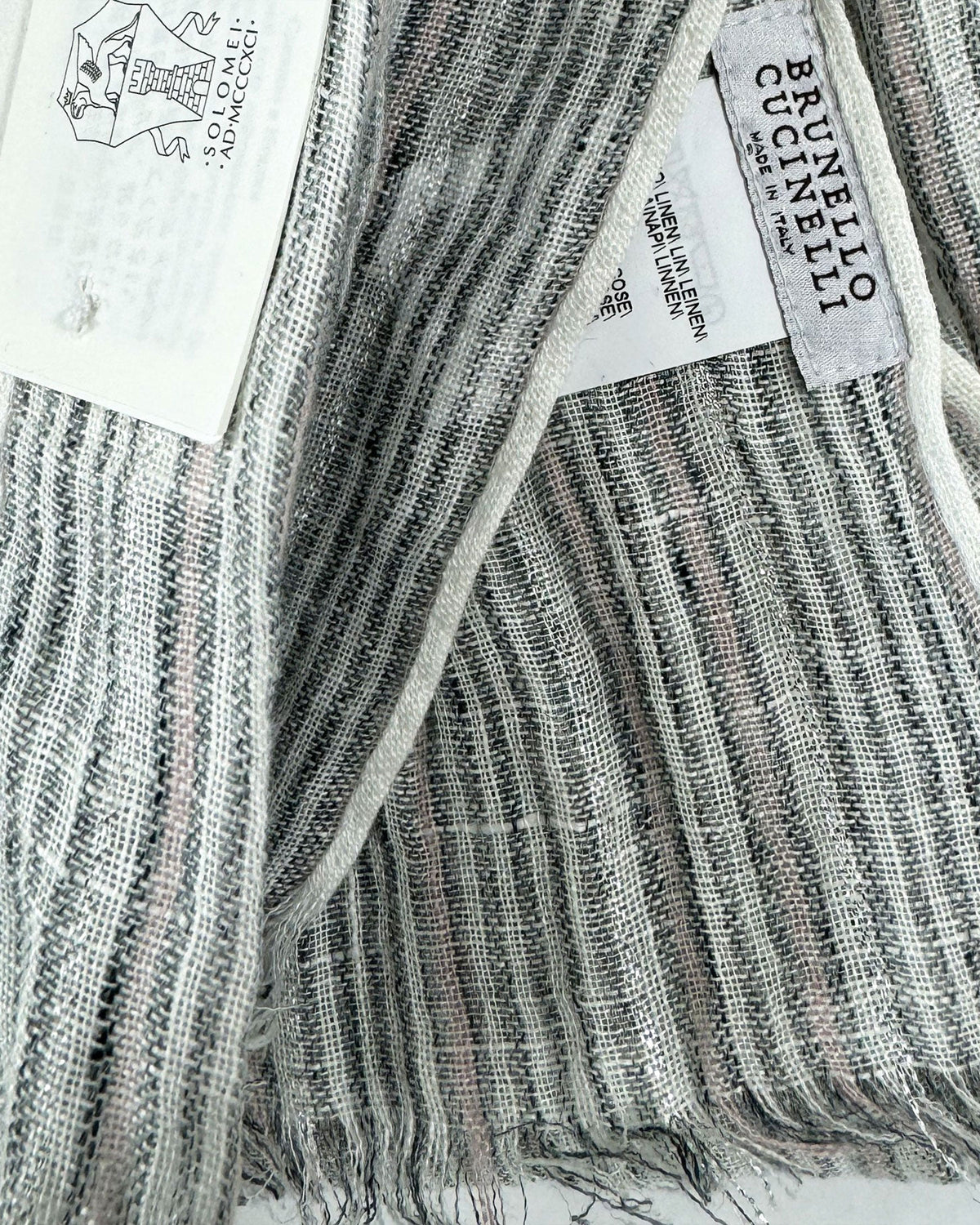 Brunello Cucinelli Scarf White Silver Black Light Pink Stripes - Linen Shawl SALE