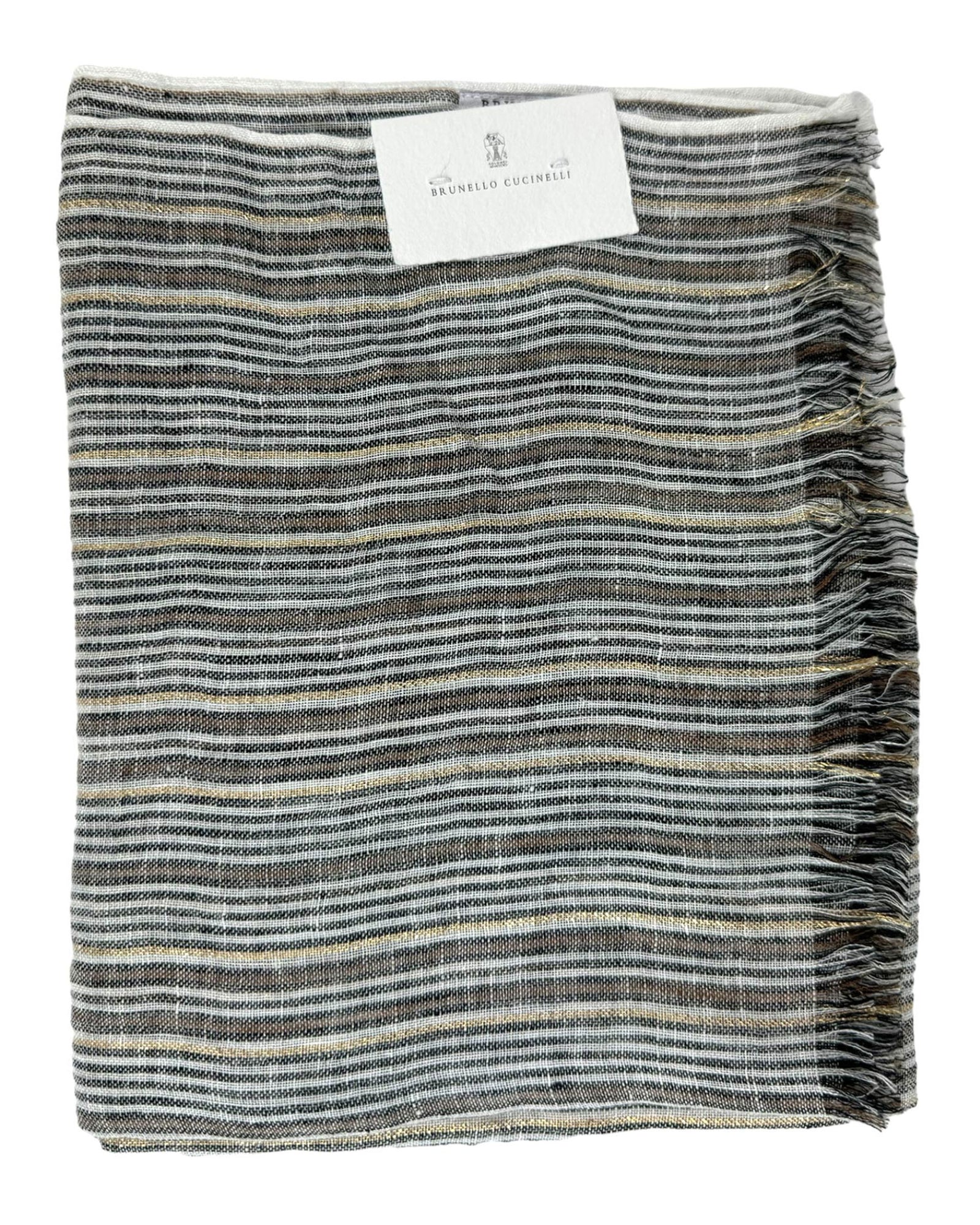 Brunello Cucinelli Scarf White Brown Black Gold Stripes - Linen Men Shawl SALE