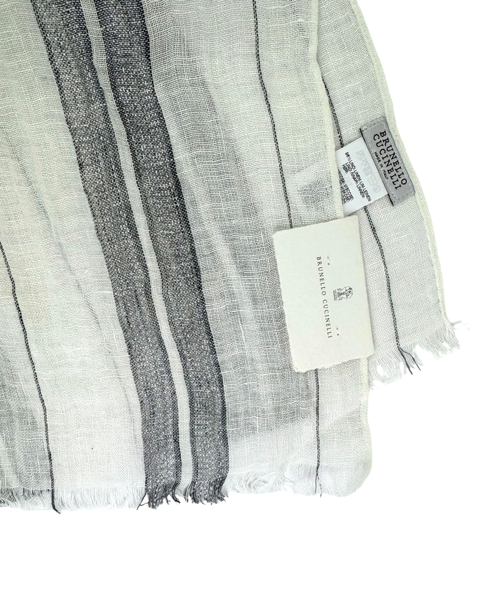 Brunello Cucinelli Scarf White Gray Stripes Linen Men Shawl