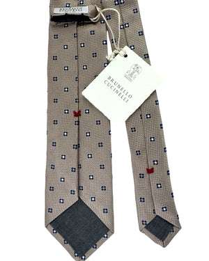 Brunello Cucinelli Silk Necktie Taupe Mini Squares SALE