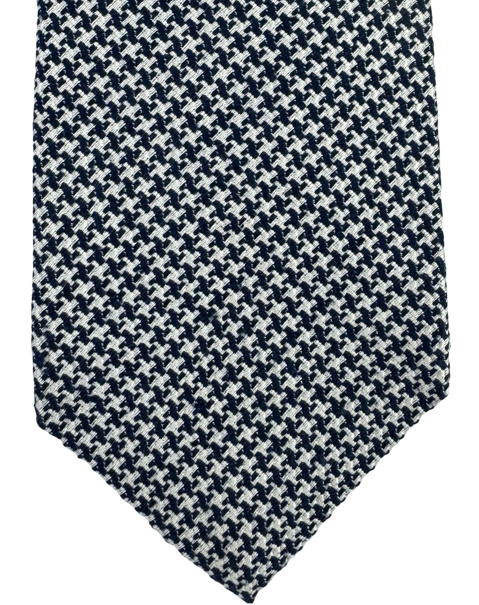 Cucinelli Silk Tie Dark Blue Silver Houndstooth