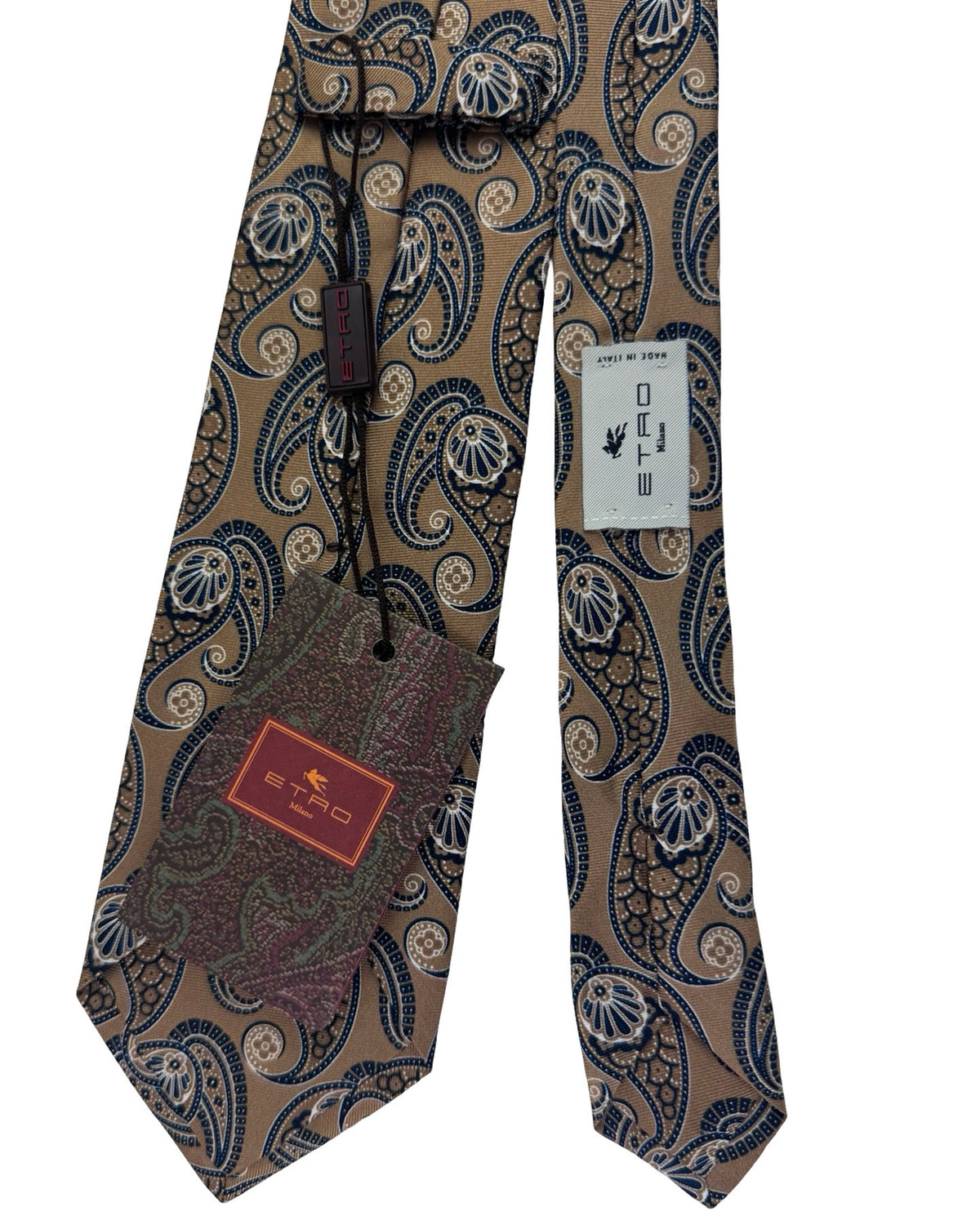 Etro Silk Tie Tan Navy Paisley Floral Pattern