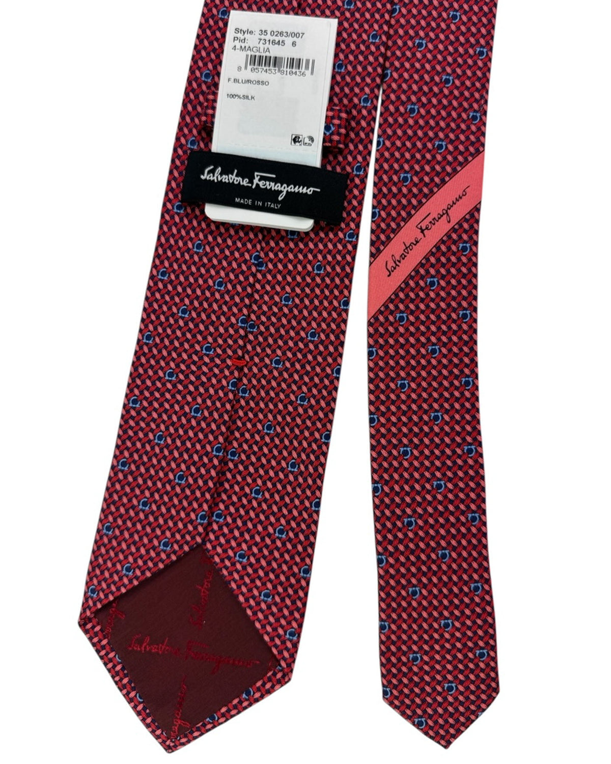 Salvatore Ferragamo Tie Blue Omega on Red Weave Pattern