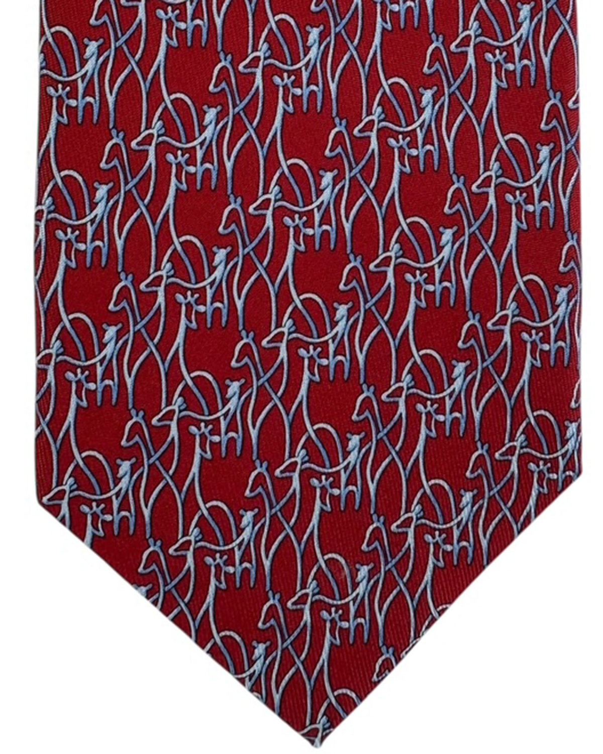 Red Ferragamo tie with blue animal pattern on a white background