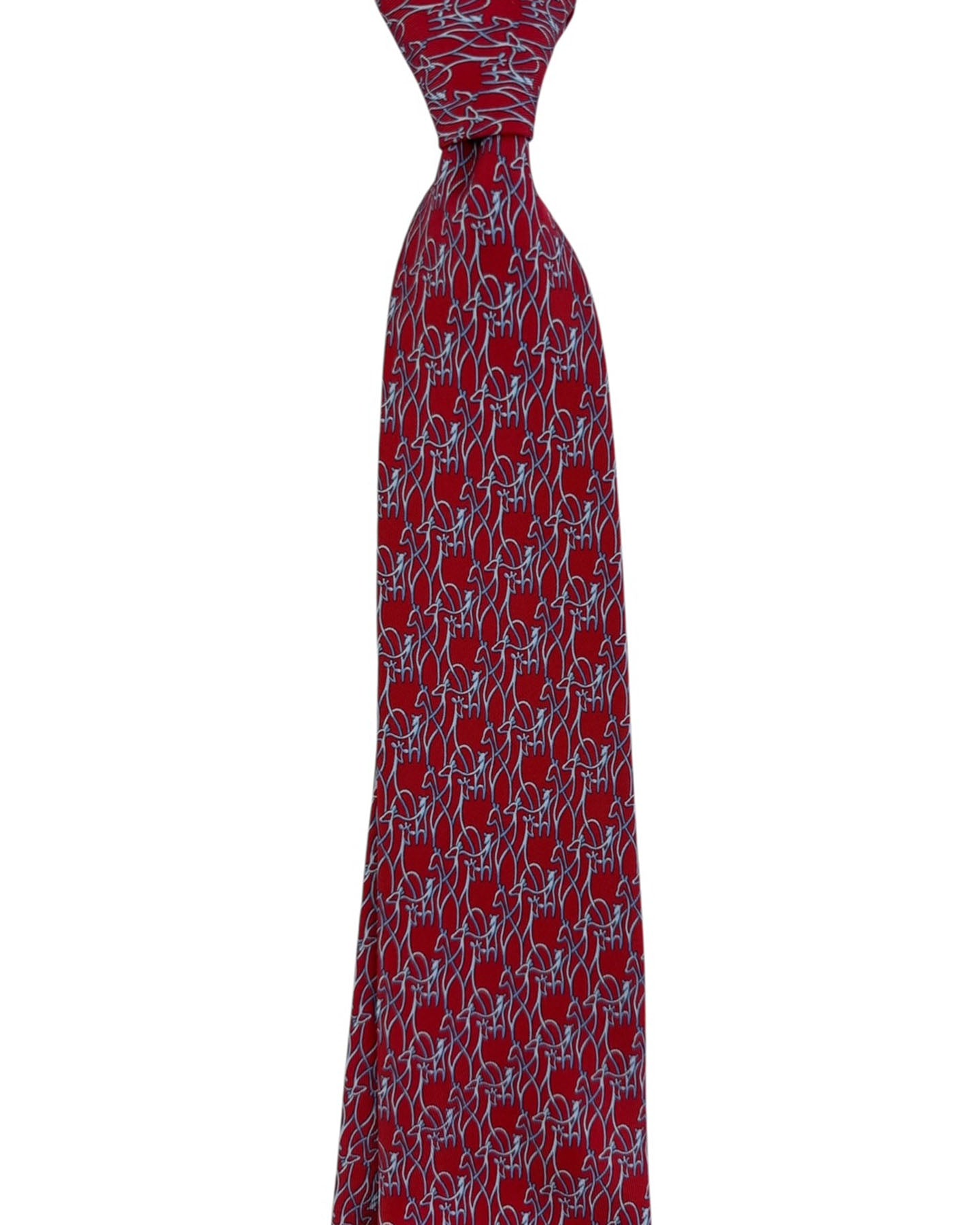 Red Ferragamo tie with blue animal pattern on a white background