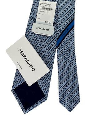 Salvatore Ferragamo Tie Navy Blue With Light Blue Chain Link Pattern