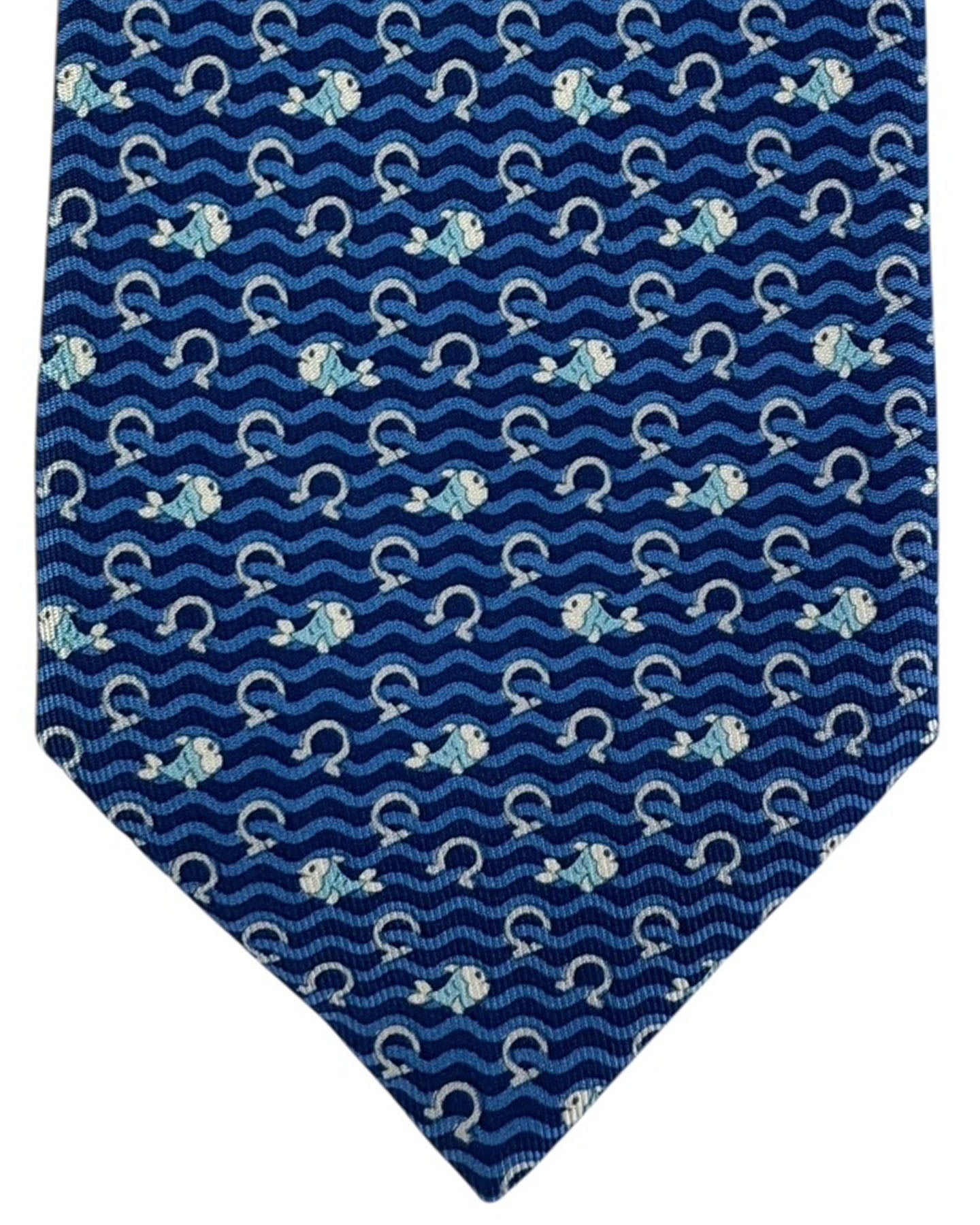 Salvatore Ferragamo Tie Navy Blue With Fish And Wave Pattern