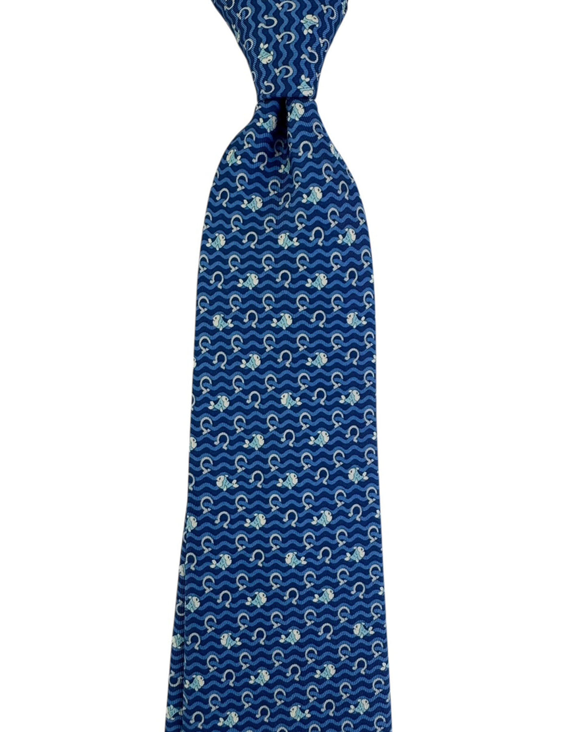Ferragamo Tie Navy Blue With Fish And Wave Pattern