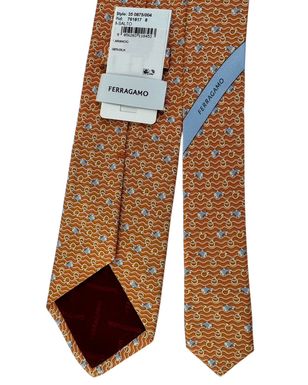 Salvatore Ferragamo Tie Rust Orange  With Fish And Wave Pattern