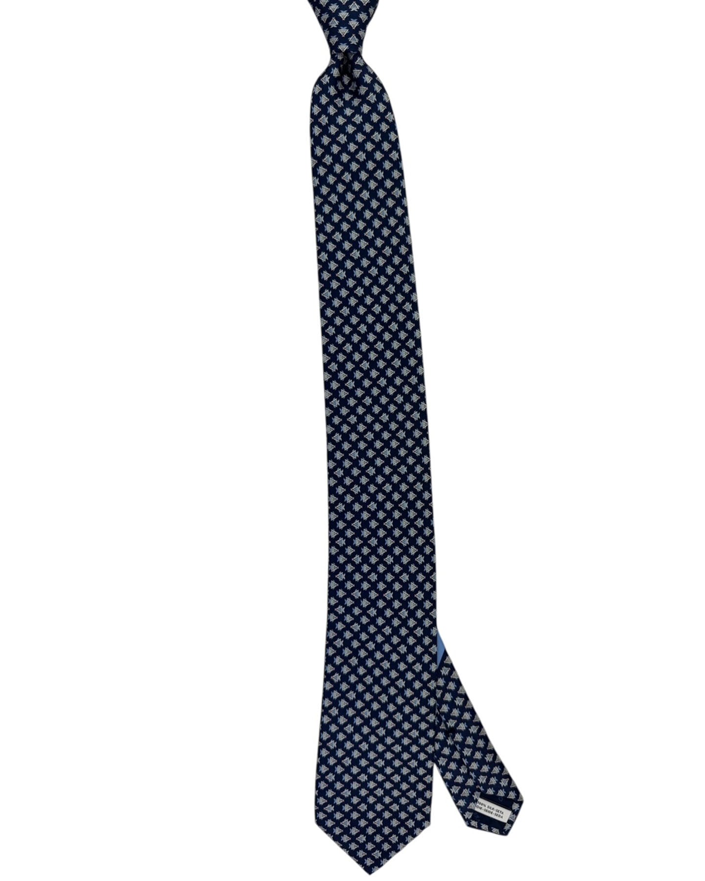 Salvatore Ferragamo Tie Navy Blue With Geometric Triangle Fish Pattern