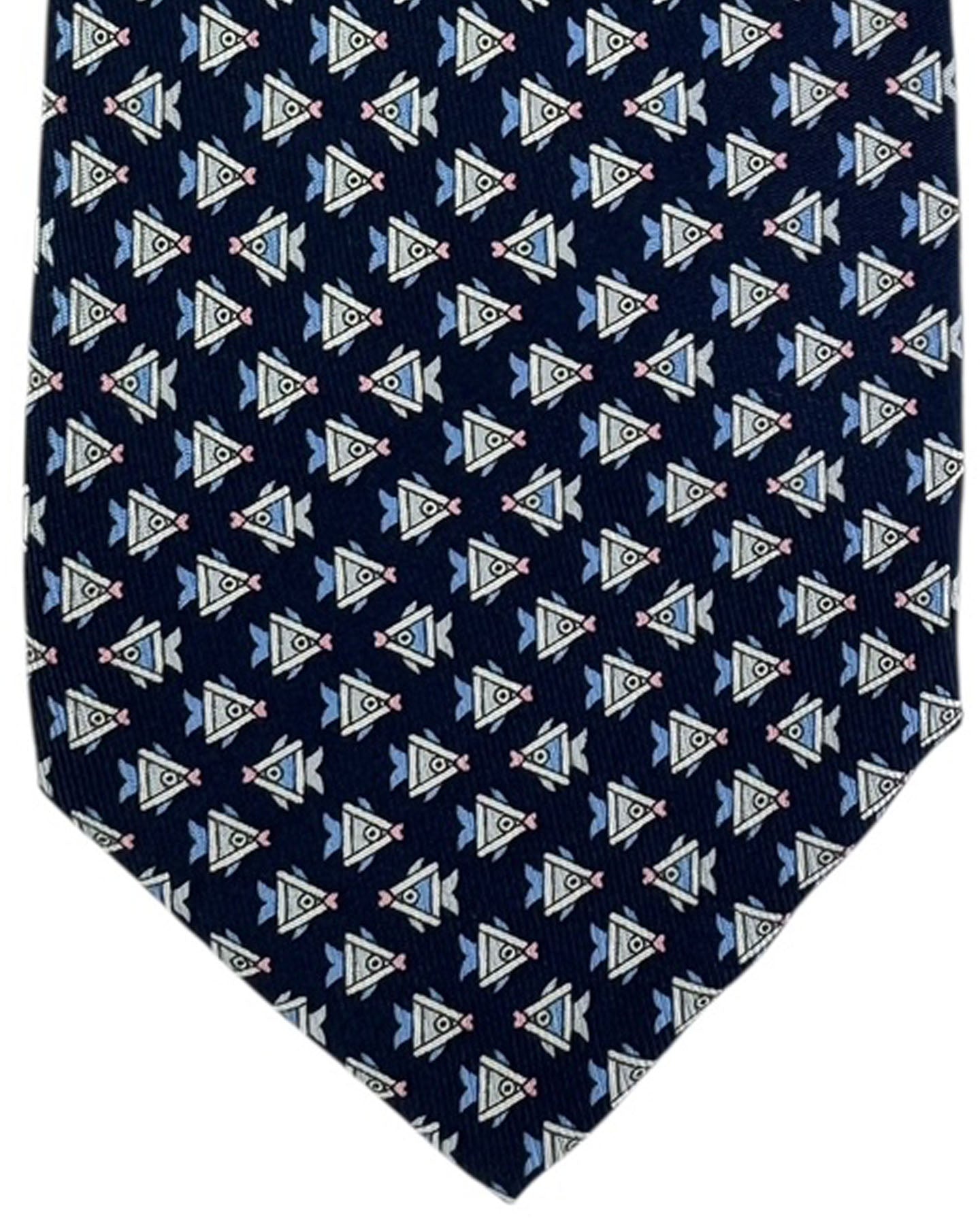 Salvatore Ferragamo Tie Navy Blue With Geometric Triangle Fish Pattern
