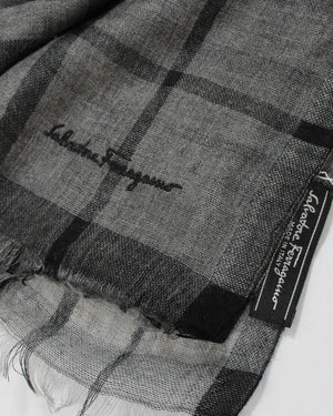 Men Ferragamo Scarf Black Gray Plaid - Cashmere Silk Large Shawl