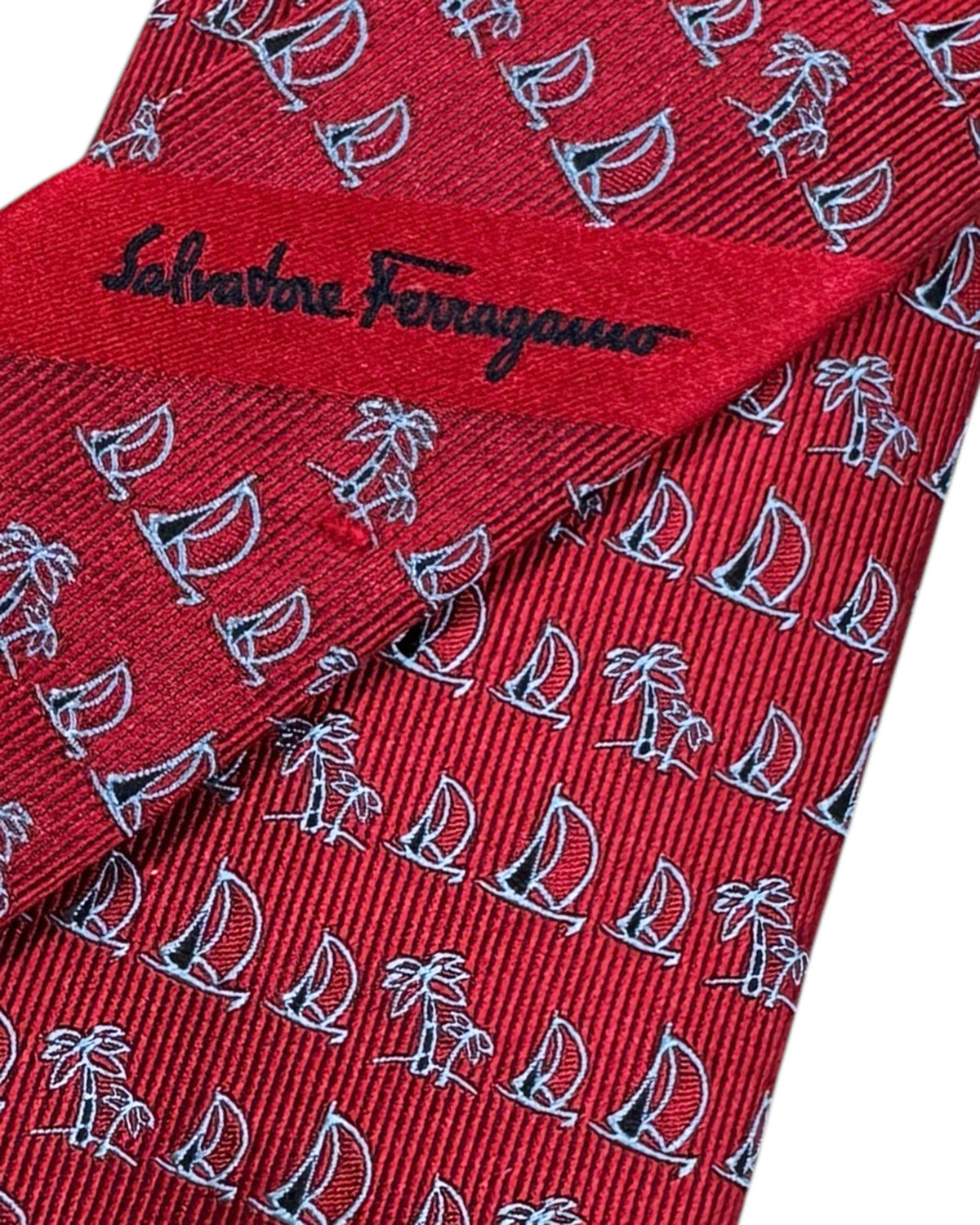 New Ferragamo Tie Bordeaux Tropical Palm & Boat
