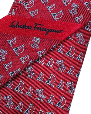 New Ferragamo Tie Bordeaux Tropical Palm & Boat