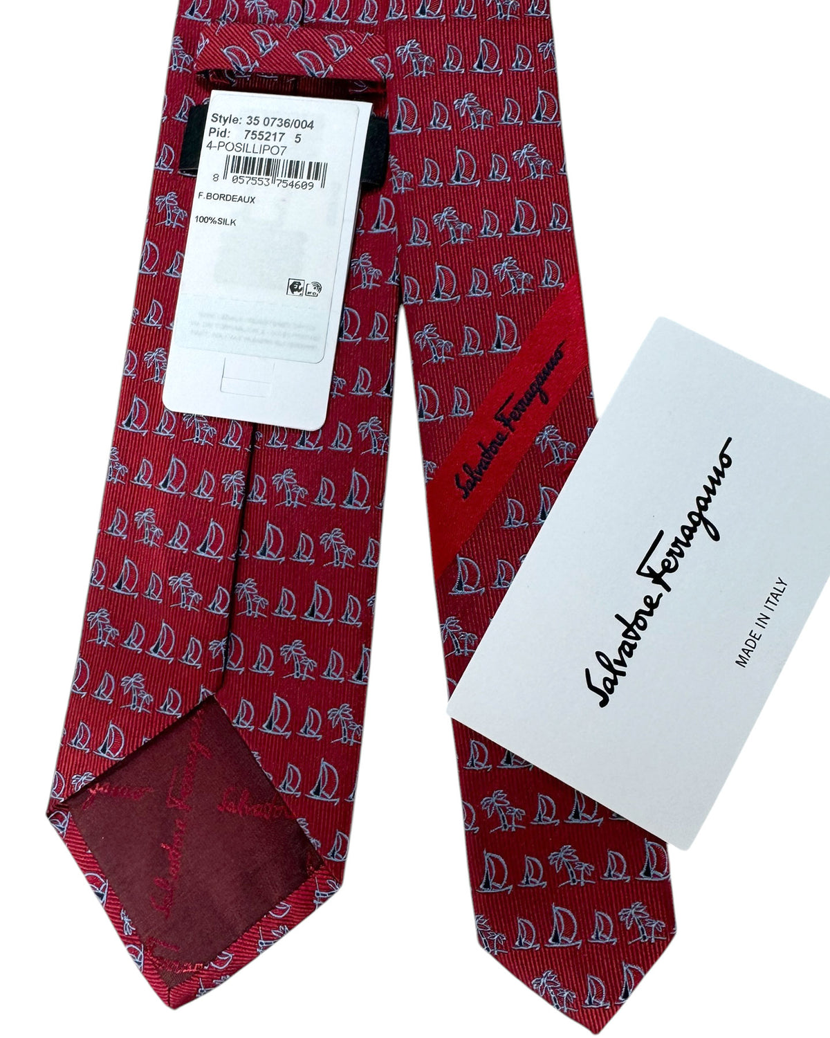 Salvatore Ferragamo Narrow Tie Bordeaux Tropical Palm & Sail Boat FINAL SALE