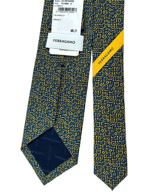 Salvatore Ferragamo Silk Tie Midnight Blue Yellow Design