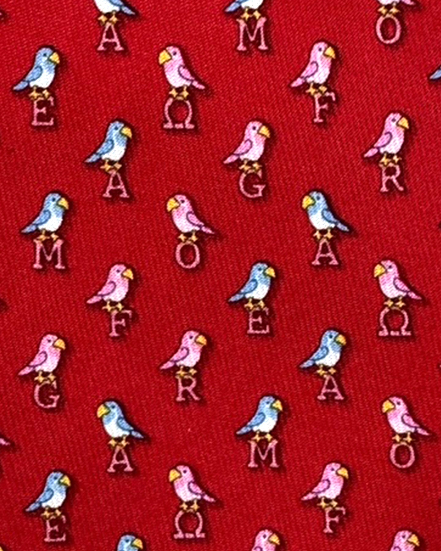 Salvatore Ferragamo Silk Tie Red Letter Logo Letter Birds