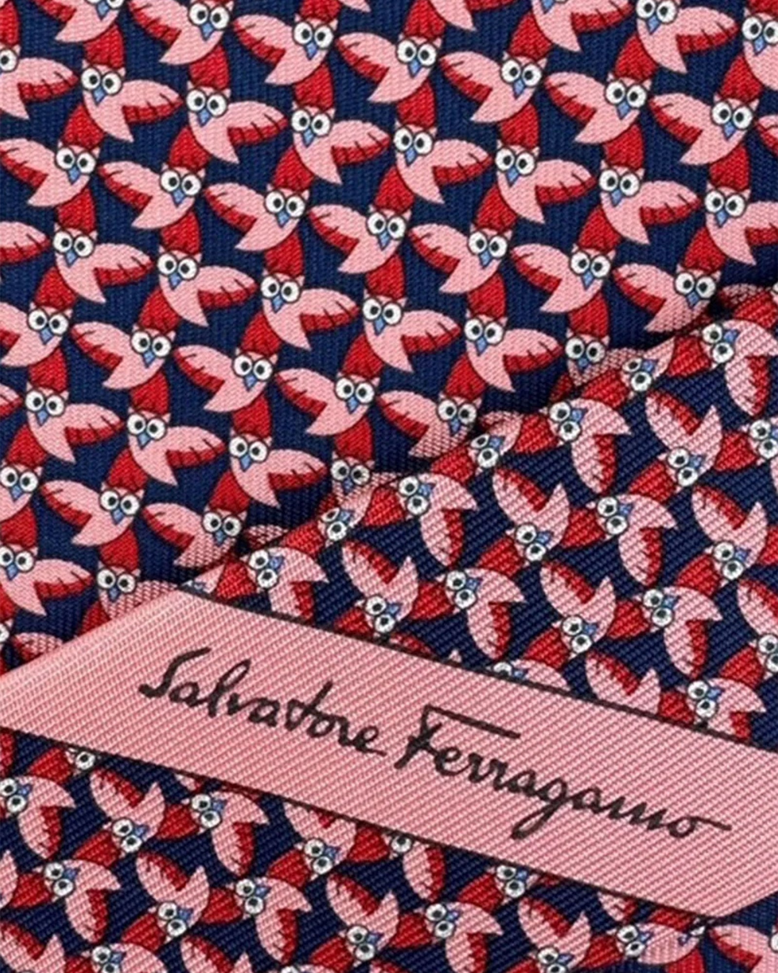 Salvatore Ferragamo Tie Dark Blue Pink With Owl Pattern
