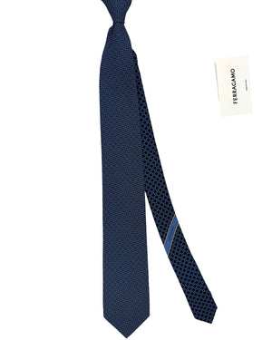 Ferragamo Tie Navy Blue Gancini & Hearts Design