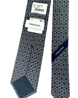 Salvatore Ferragamo Tie Midnight Blue Gray Gancini Pattern